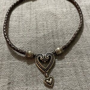 Brighton Silver and Brown leather Braided Heart Pendant Necklace